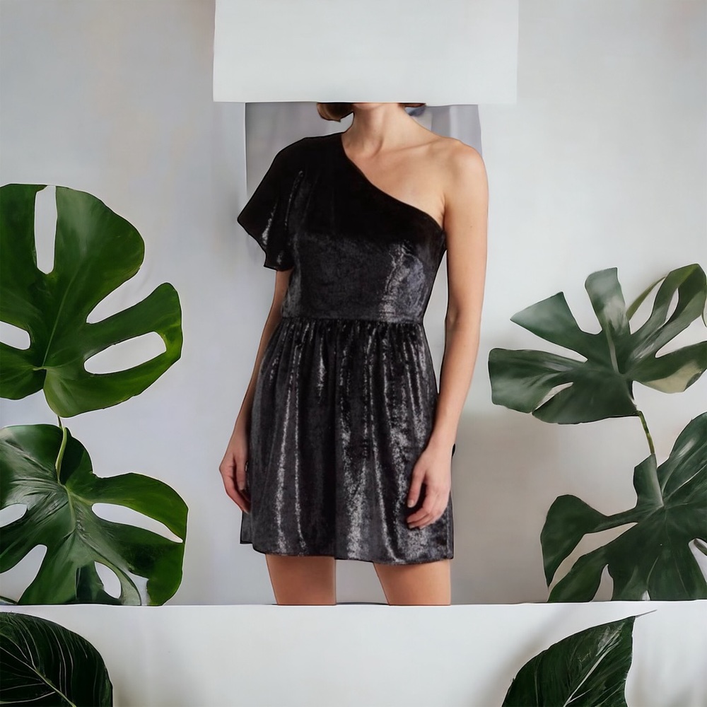 NWT Seven For All Mankind One Shoulder Metallic Velour Fit & Flare Dress - Picture 1 of 4
